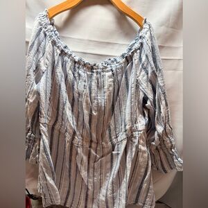 Lane Bryant Blue and White Striped Off-Shoulder Blouse Silver thread 18/20 boho